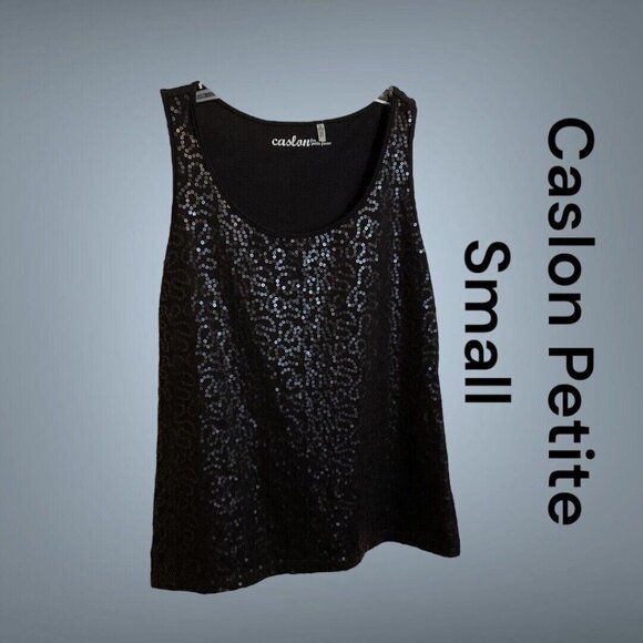 Carlson Black Sequins Size Small Petite Focus Dressy Sequin Camisole Tunic Top - Picture 2 of 8